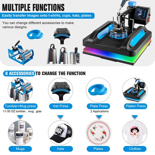 8 in 1 Heat Press Machine Swing Away Digital Transfer T-Shirt Mug Hat 12"x15" 