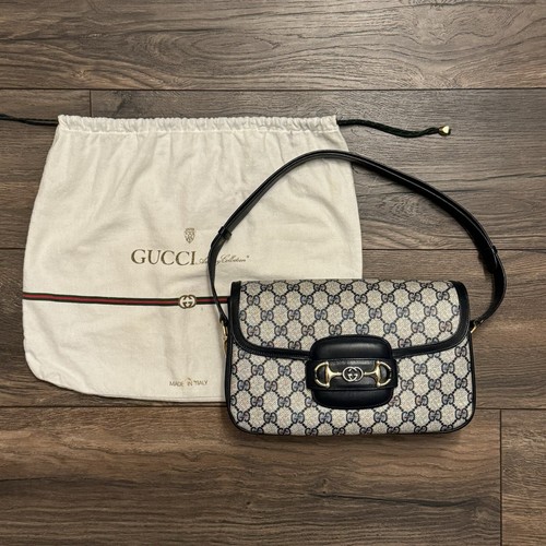 【関税&送料込】Gucci Gucci 1955 Horsebit Shoulder Bag In Gg Vintage Gucci Horsebit 1955 Shoulder Bag in Navy Blue Coated