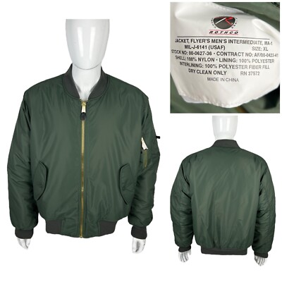 Rothco Mens XL Intermediate MA-1 USAF Flyer Jacket Green 100% Nylon NWOT