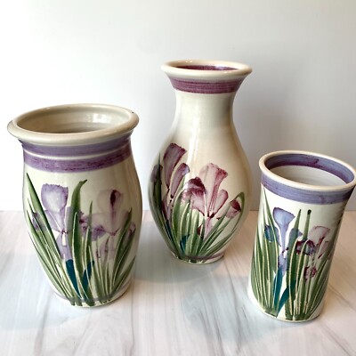 Vintage Studio Art Pottery Vase Set of 3 Hand Painted Iris Signed by Artist