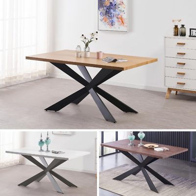 Modern Dining Table in White/ Oak or Walnut | 4/6 Seater Wood Effect | Metal Leg