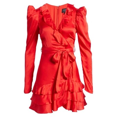 Bardot Winona Fire Red Long Sleeve Faux Wrap Tiered Mini Dress Size 6 New