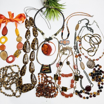 12pc Vintage to Now Bundle Lot - Orange Brown Bohemian Tribal Necklaces