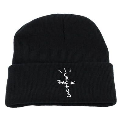 Travis Scott Cactus Jack Cuffed Knit Beanie Black with White Logo Embroidery NEW