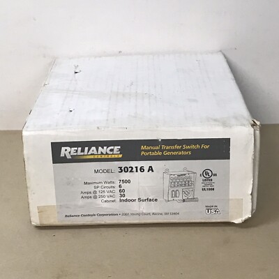 RELIANCE 30216A MANUAL TRANSFER SWITCH 6-CIRCUIT  30A 125/250V PORT GENERATOR