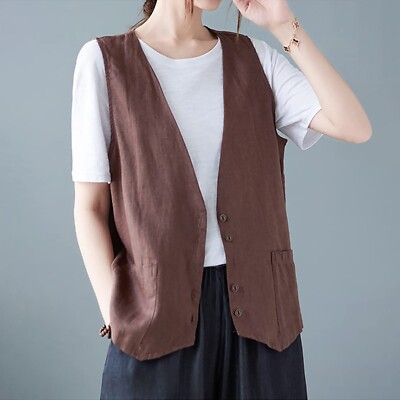 Women Cotton Linen Sleeveless Vest Coat Ladies Buttons Waistcoat Casual Tank Top