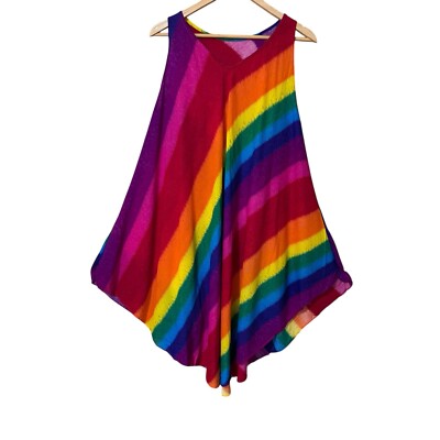 Vintage 70s Rainbow Tie Dye Tank Top Sun Dress Hippie Psychedelic Medium to 1X