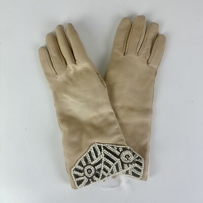 Ladies Gorgeous Beige Leather Gloves Trim Pearls/Gold/Cream Size L/XL