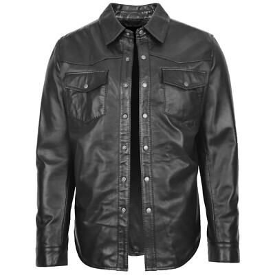 Men's 100% Real Leather Full Sleeves Black Shirt Snap Button Smart Casual Jacket