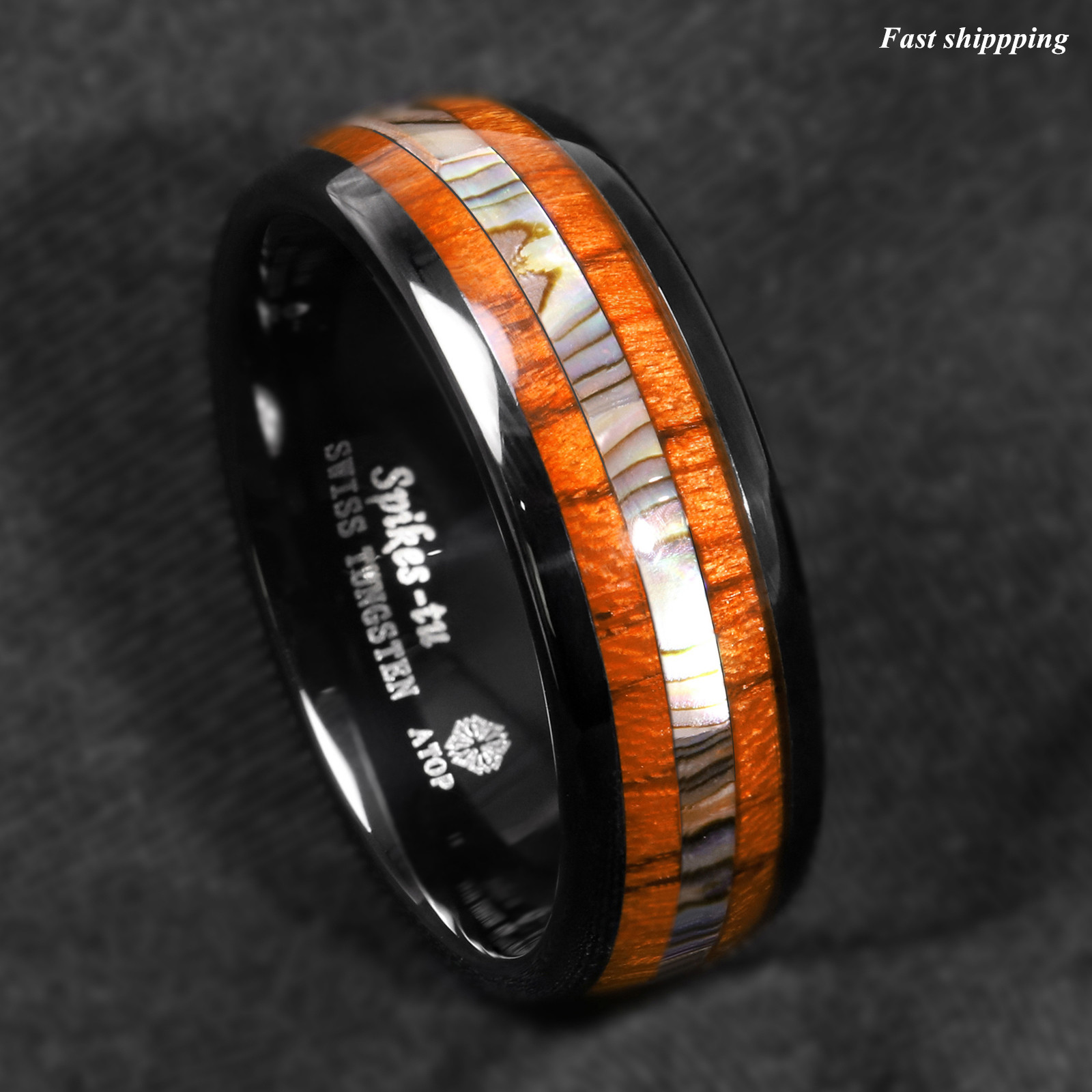 8/6mm Black Tungsten carbide ring Koa Wood ATOP Wedding Band Men Jewelry