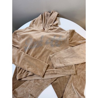 Roma Confetti Tracksuit Set Women XL Tan Excellent Rhinestone Velour Y2K Hoodie