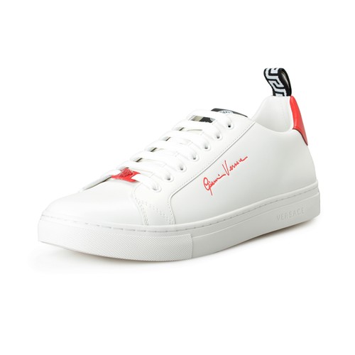 Pre-owned Versace Men's 100% Leather White Logo Print Fashion Sneakers Shoes In White/red