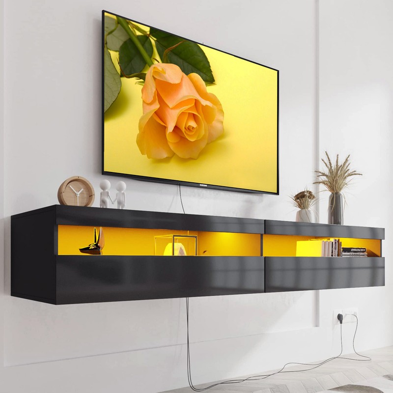 Glossy Wall Mounted Media Console Cabinet For 75" 80'' Tvs