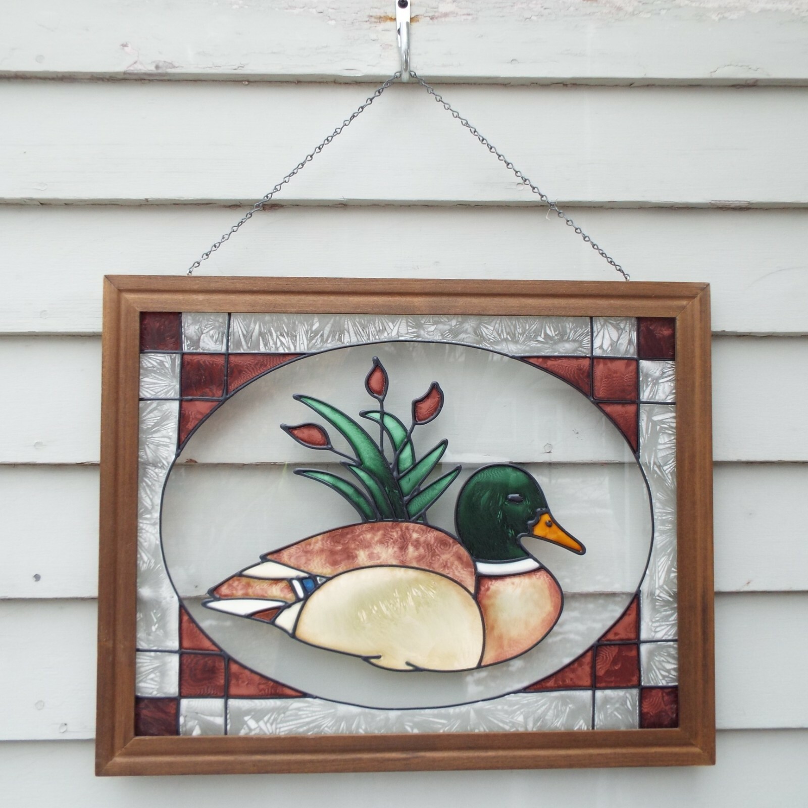 Handcrafted Framed Stained Glass Mallard Duck Wall Hanger Panel Suncatcher NEAT!