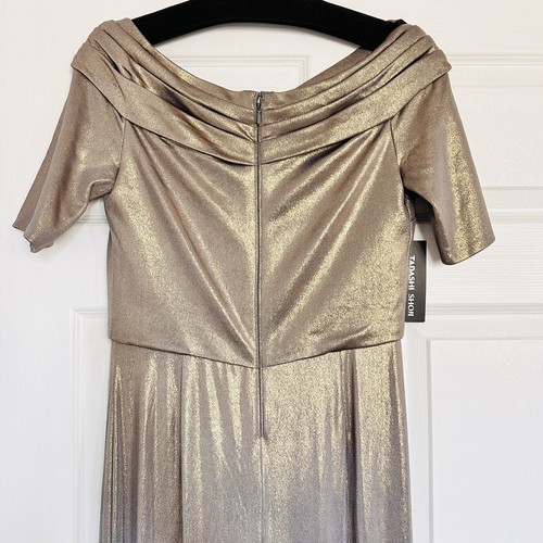 Pre-owned Tadashi Shoji Metallic Gold Aline Gown Short Sleeve Party Long Dress Maxi