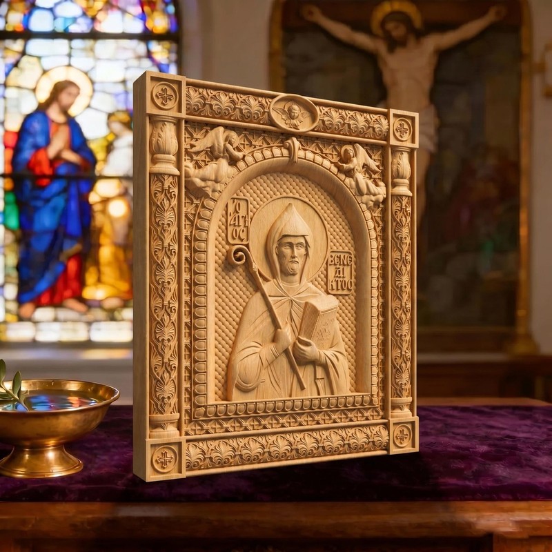 Saint Benedict Patron Saint of Europe Wood Carved Handmade Greek Christian Icon