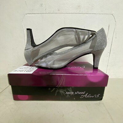 Easy Street Women's Picaboo Cone Heel Open Toe Pumps, Silver Glitter, Sz 11WW