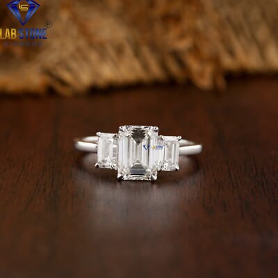 2.10 TDW Emerald & Round Lab Grown Diamond Stylish Ring 18k White Gold