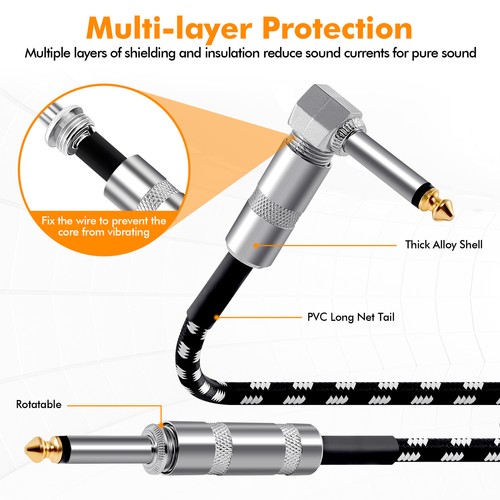 20ft Guitar Bass Instrument Patch Cable 1/4" Right-Angle Musical Cable Cord