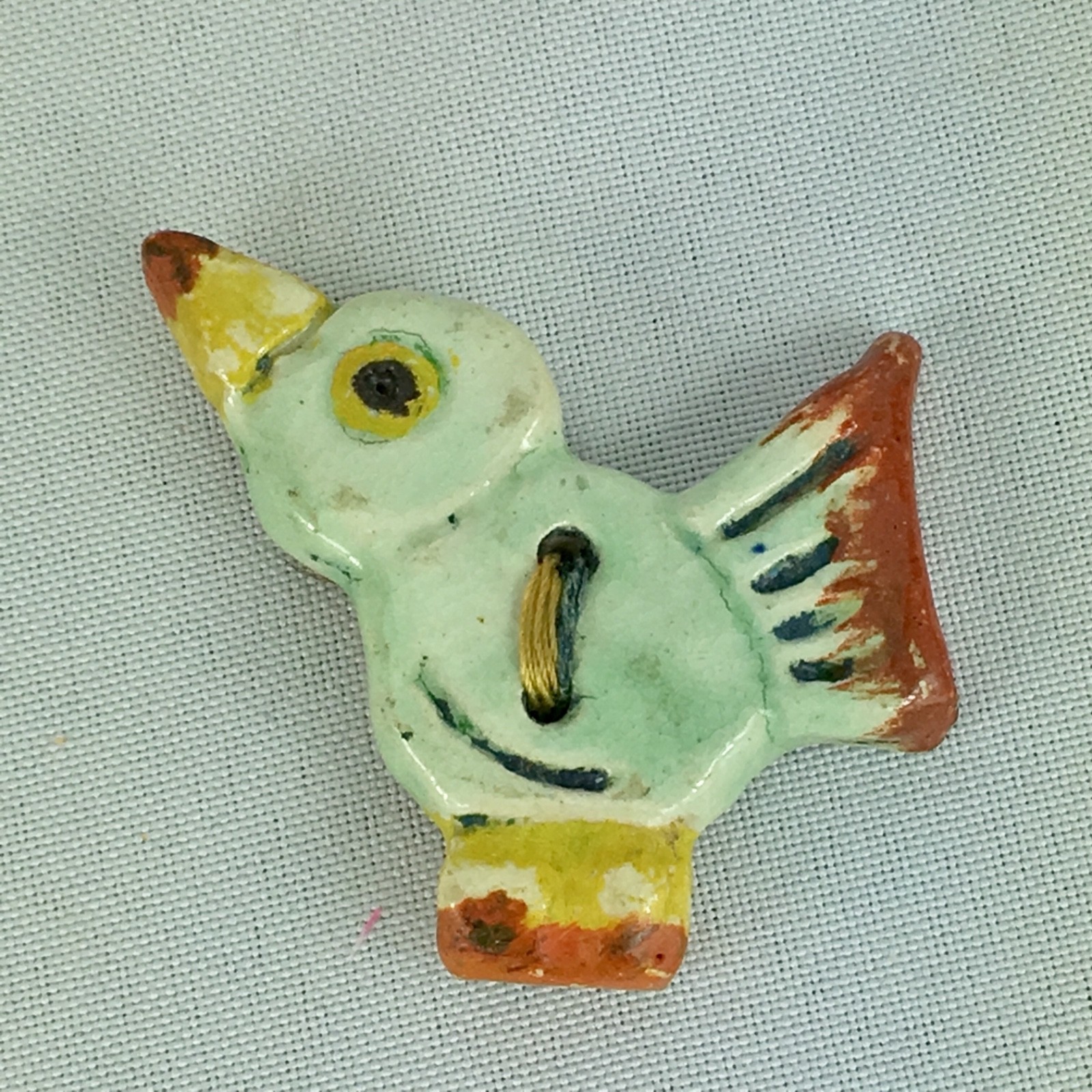 Vintage Handmade Hand Painted Ceramic Pottery Button Figural Bird