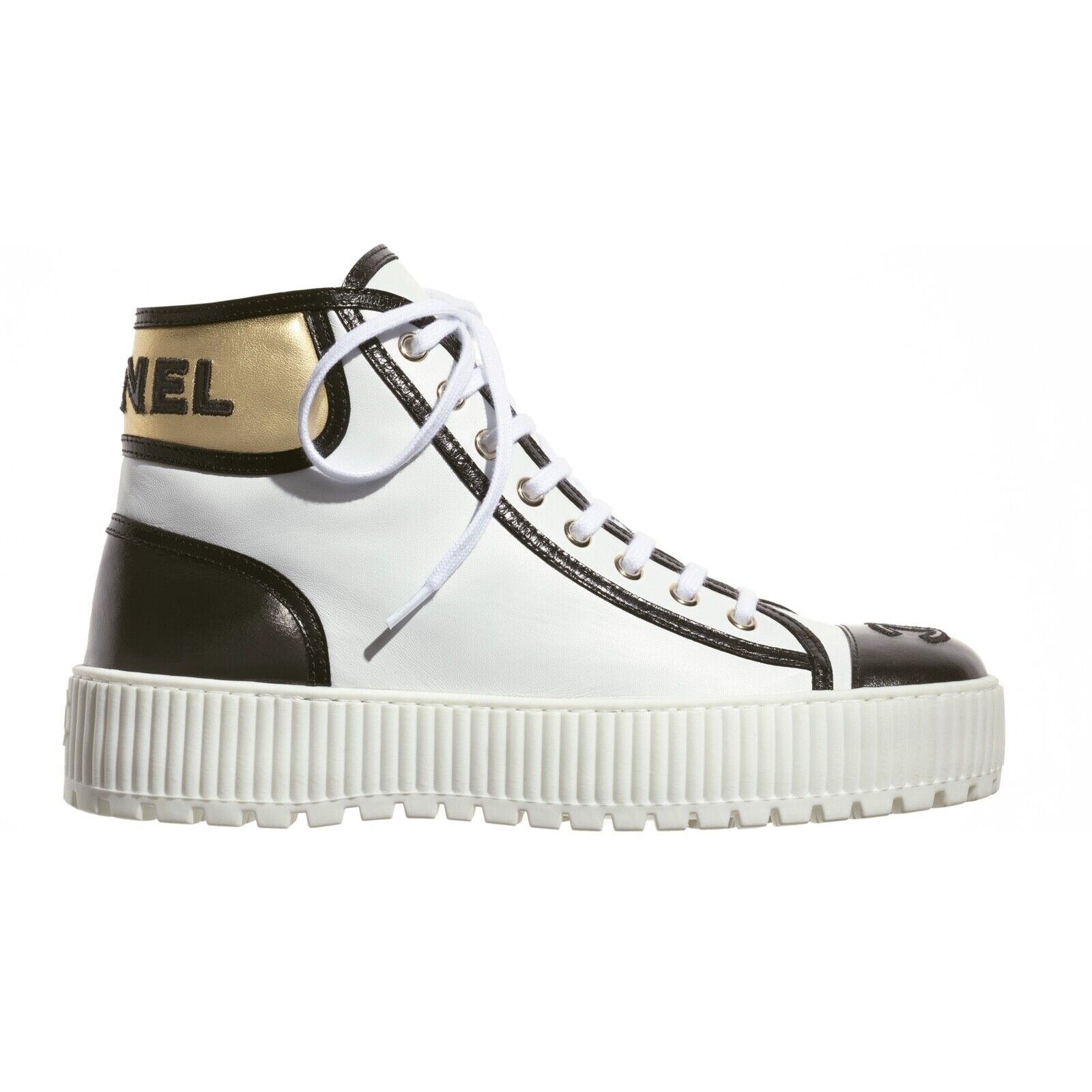 Chanel 21K Black White Gold Leather Logo Lace Up High Top Chanel 21K Black White Gold Leather Logo Lace Up High Top