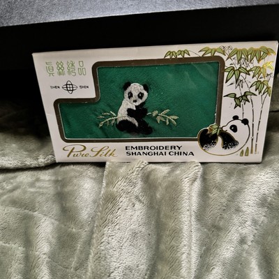 Pure Silk SHEN Embroidered Shanghai China 100% Silk Handkerchief Panda Vintage