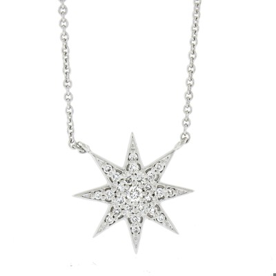 New 14k White Gold 0.15ctw Pave Diamond Star Snowflake Pendant on 16'' Necklace
