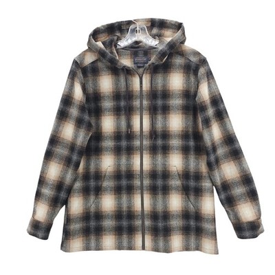PENDLETON Women's Boyfriend 100% Wool Zip Hoodie Shacket Plaid EUC Size SMALL