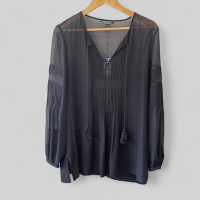 Tommy Hilfiger Womens Sheer Popover Blouse Size Large Black V Neck Boho
