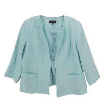 TALBOTS 100% Linen Open Front Blazer Jacket Light Blue PETITE Size 14P
