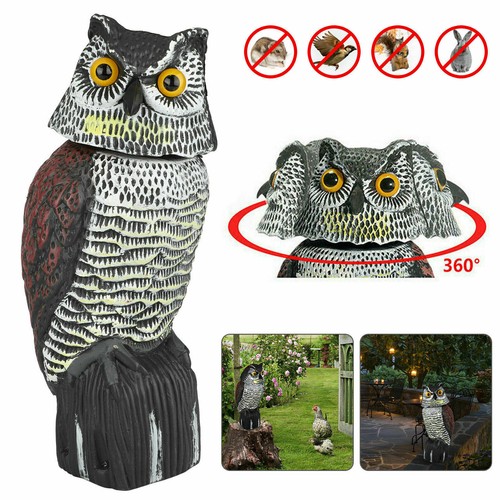 Realistic Owl Decoy Rotating Head Outdoor Garden Repellent Bird Scareの