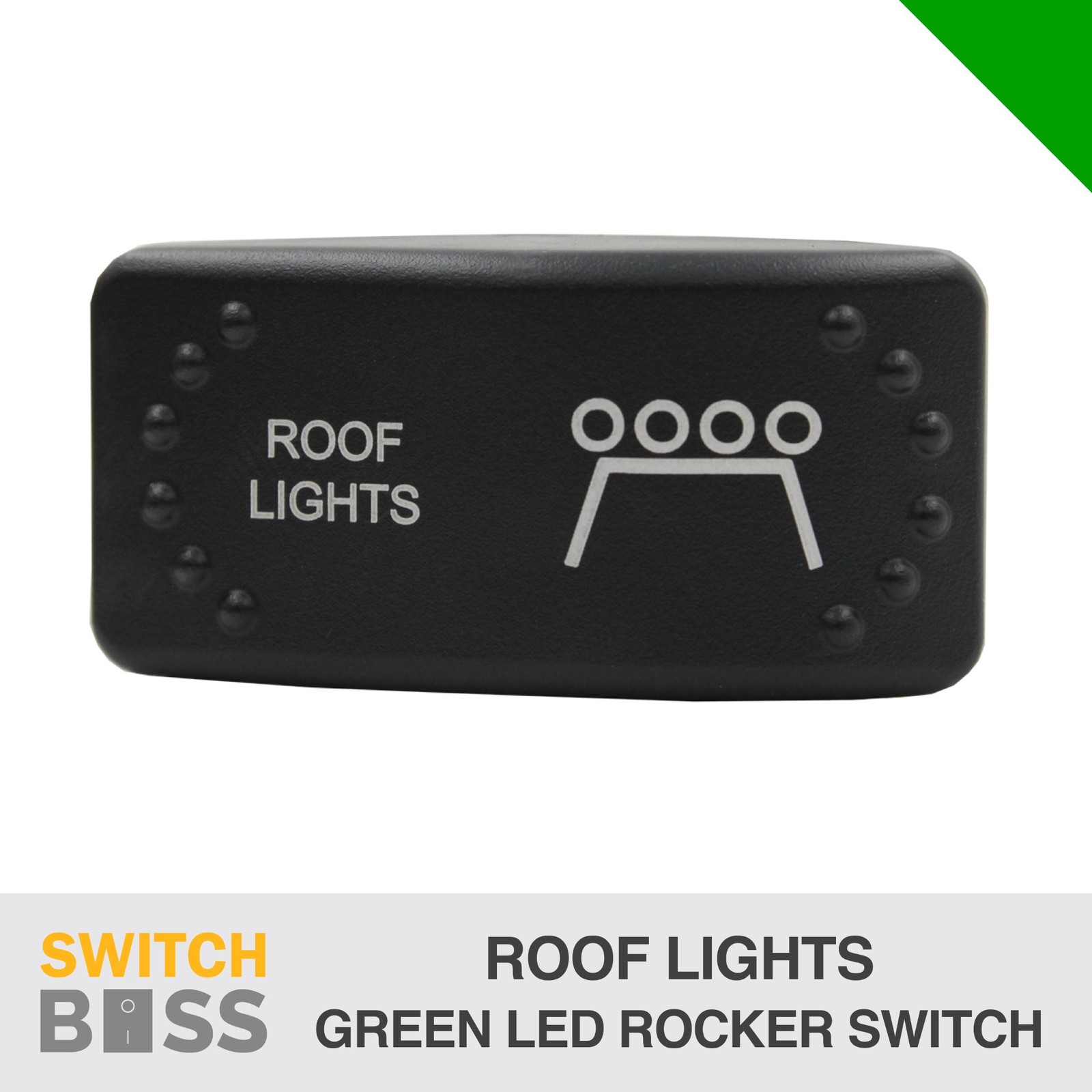 Roof Lights LASER ETCHED Horizontal Rocker Switch GREEN LED 12v 24v On-Off