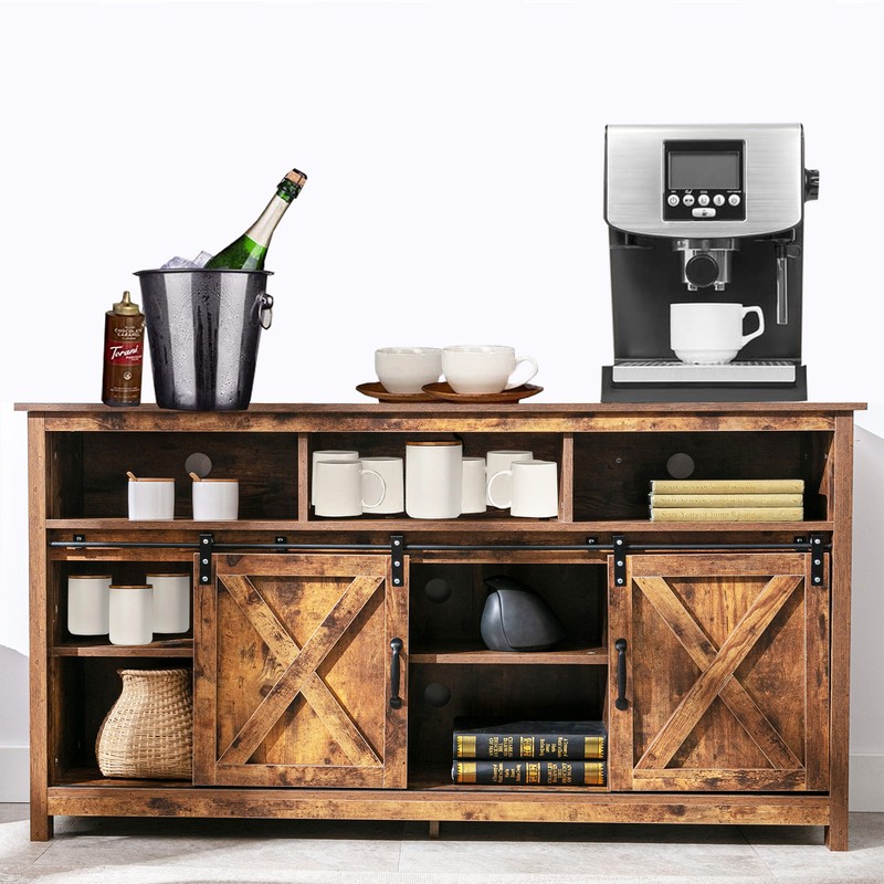 Farmhouse LED Coffee Bar Cabinet Barn Door Sideboard Buffet with Power Outlet