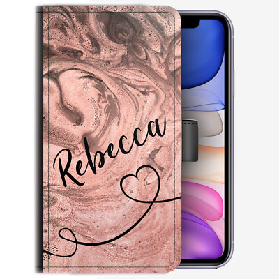 Personalised Initial Phone Case;Name & Heart Pink Marble PU Leather Flip Cover