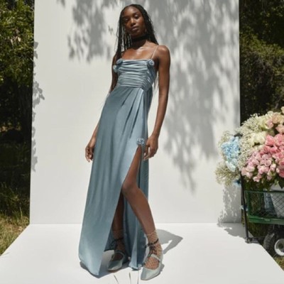 NEW NWT For Love & Lemons Winona Bridesmaid Satin Maxi Gown In Blue SIZE S