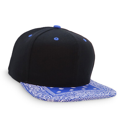 Mens Baseball Cap Snapback Adjustable Bandana Paisley Hat Solid Black Flat Bill