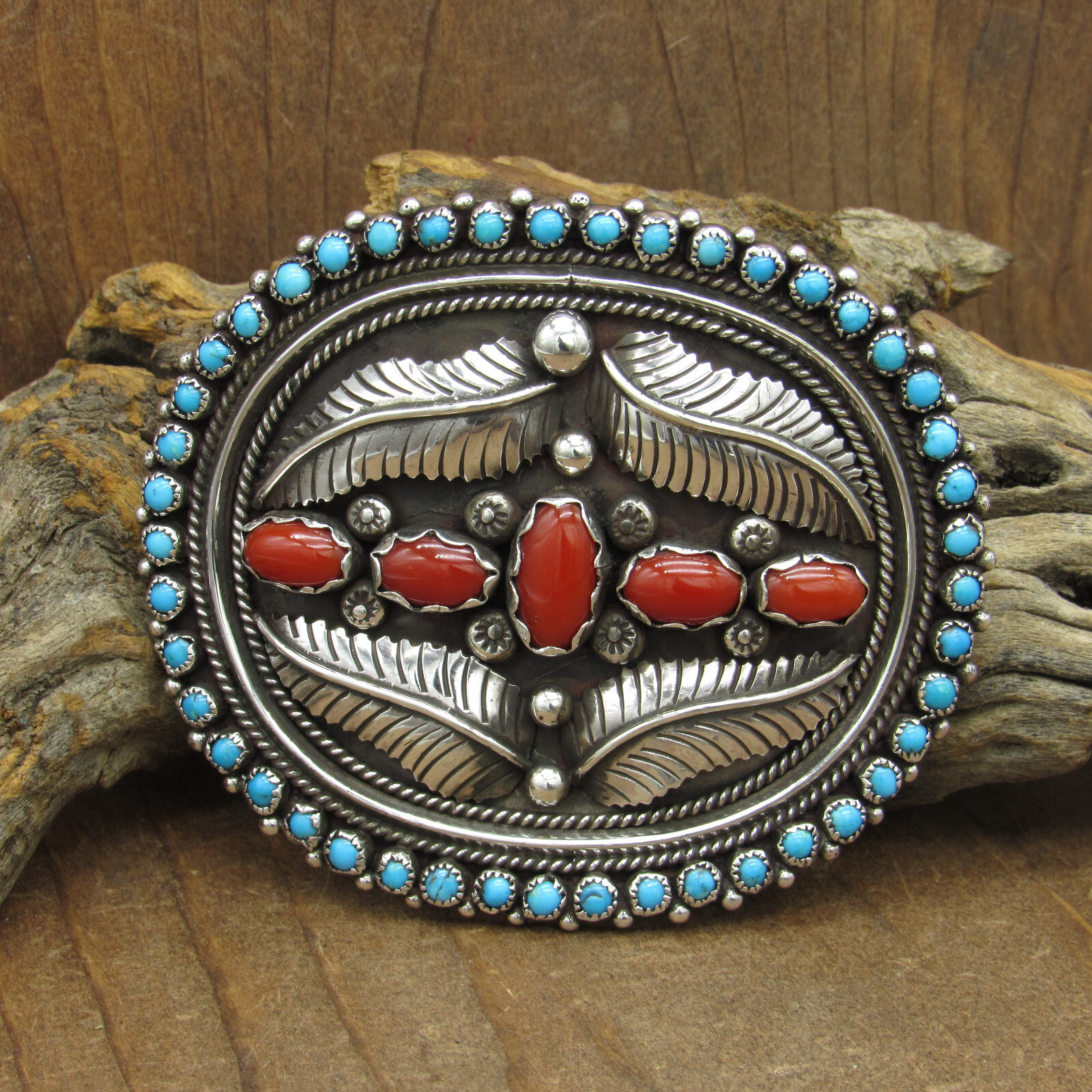 Item #886X- Vintage Navajo Turquoise Coral 3-Dimensional Bear Feathers Silver Belt Buckle -Men's And Women's Belt Buckles ~ Native American Jewelry