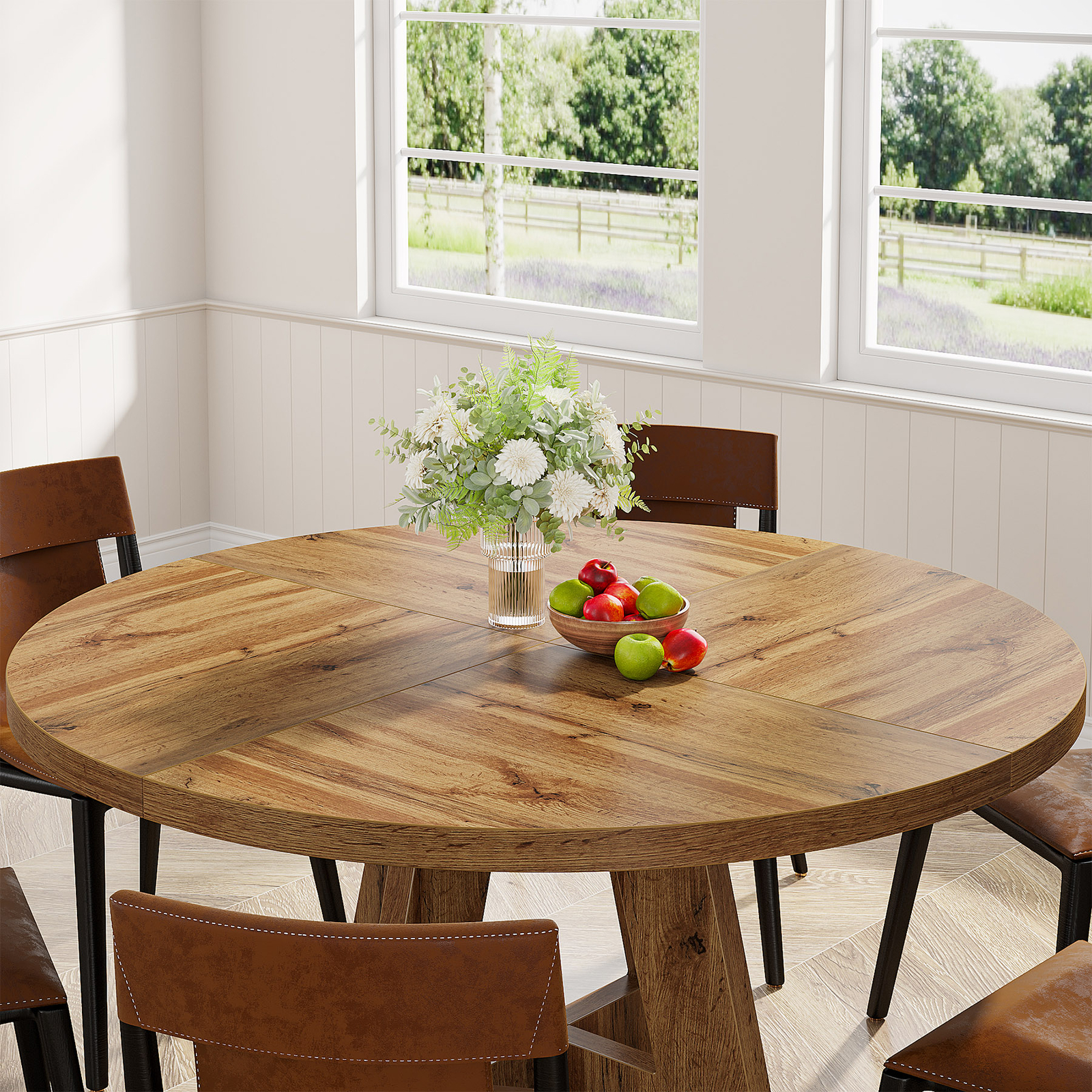47 Inch Round Dining Table, Farmhouse Fluted Dining Kitchen Table, Modern Wood Small Circle Dining Table For Kitchen Living Room, Natural - Tables
