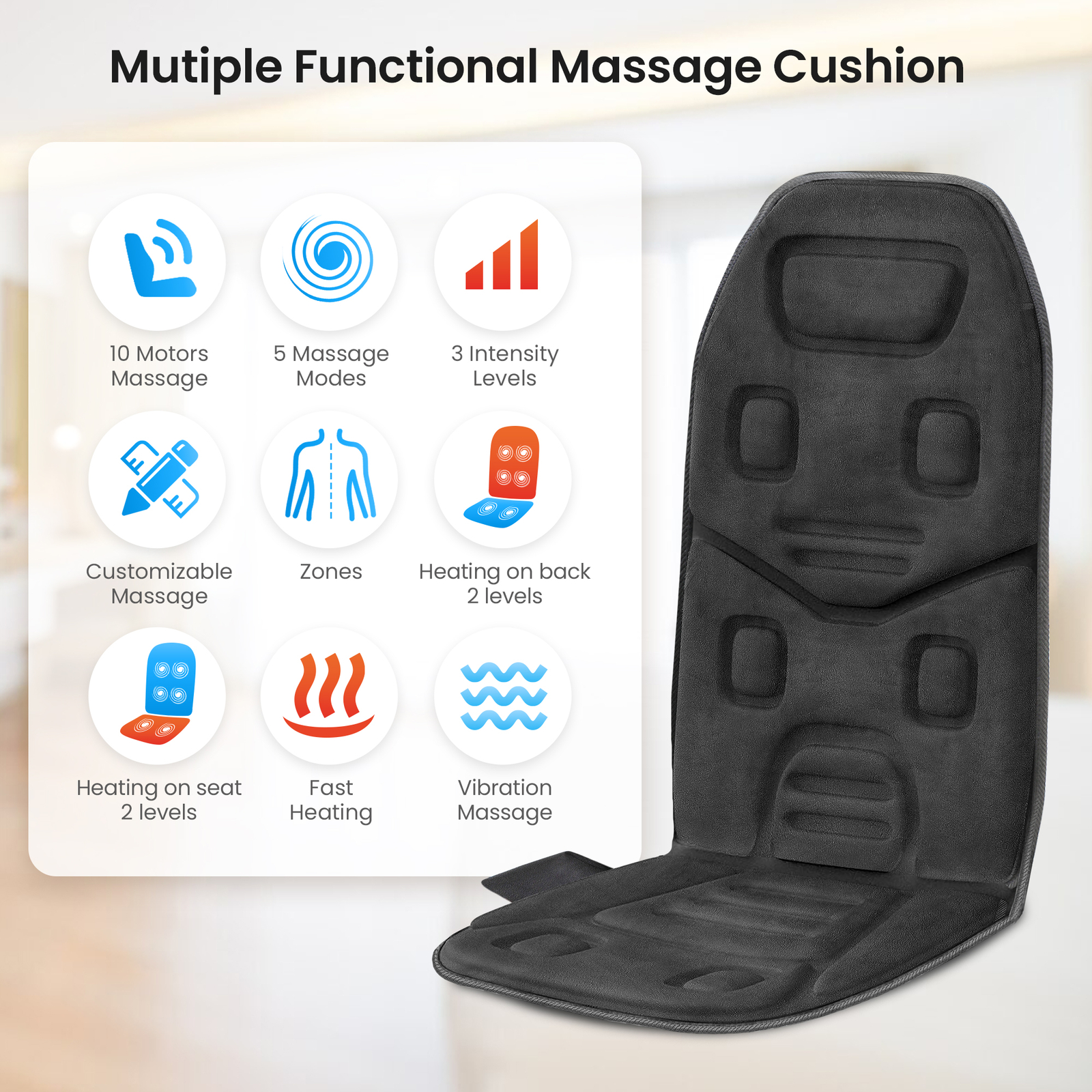 COMFIER Massage Seat Cushion with Heat,Back Massager,10 Vibration Motors,Black