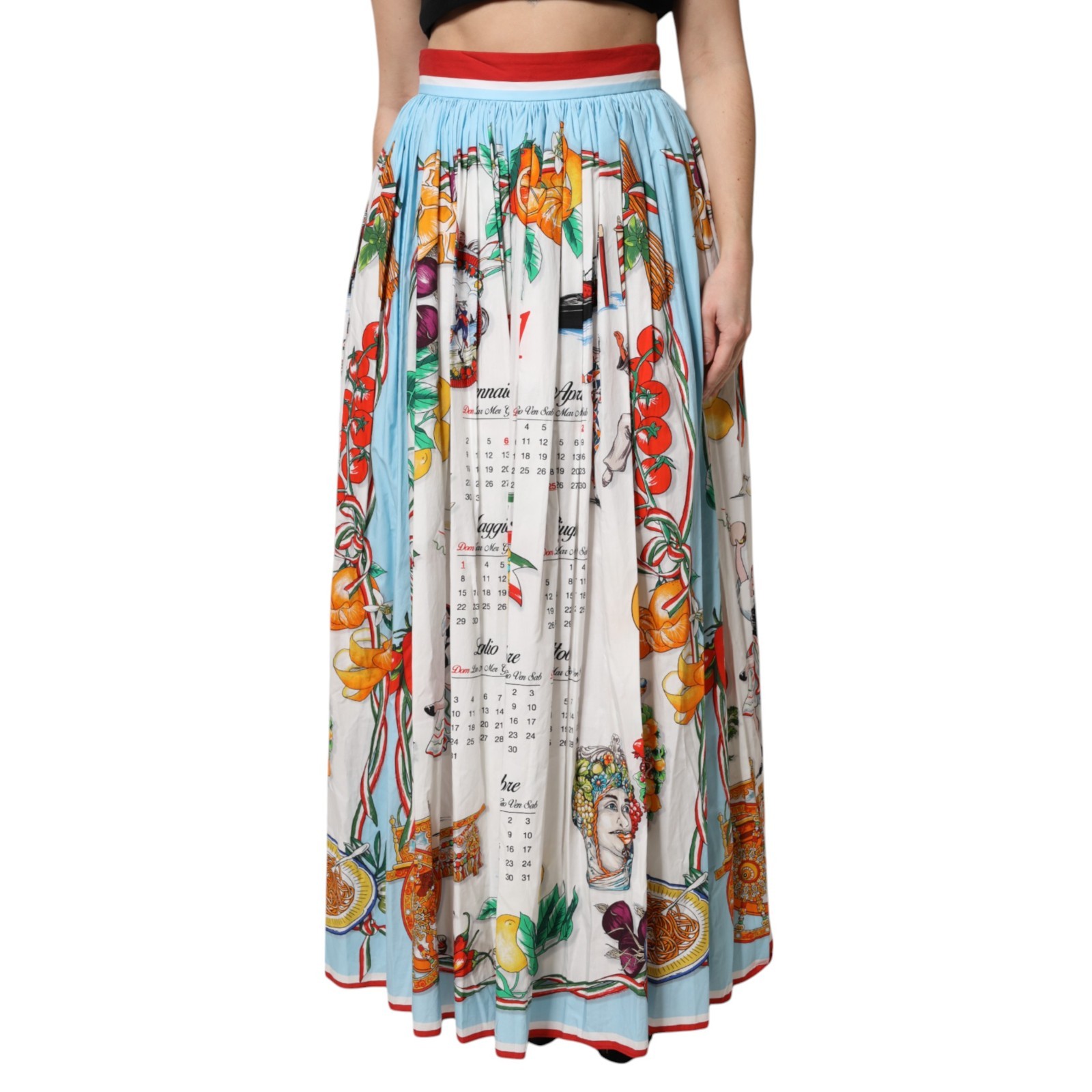 DOLCE & GABBANA Skirt White Calendar Print Cotton Gathered