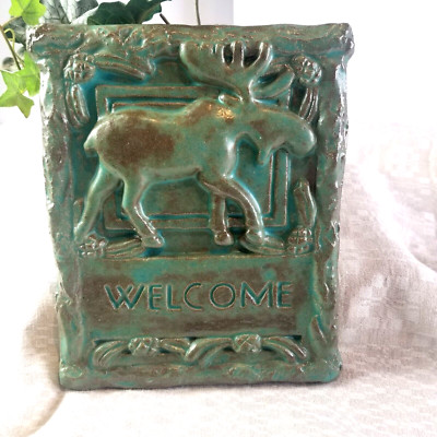 Studio Pottery Welcome Sign Tile USA Moose Rustic Glazed Green Clay Janet Ontko