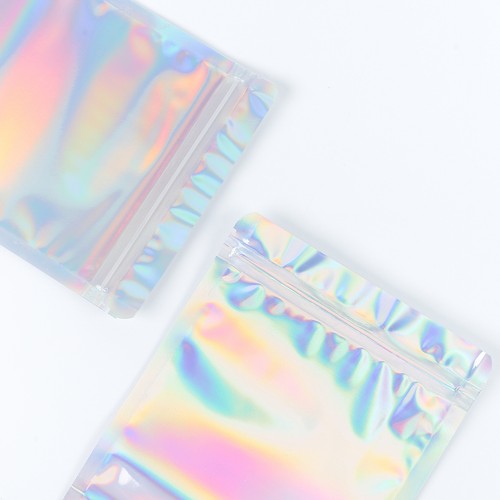 100 Windowed Silver Holographic Stand Up Bags with QuickQlick™ Seal for Food