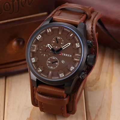Fashion Curren Men Date Stainless Steel Leather Analog Quartz Sport Wrist Watch