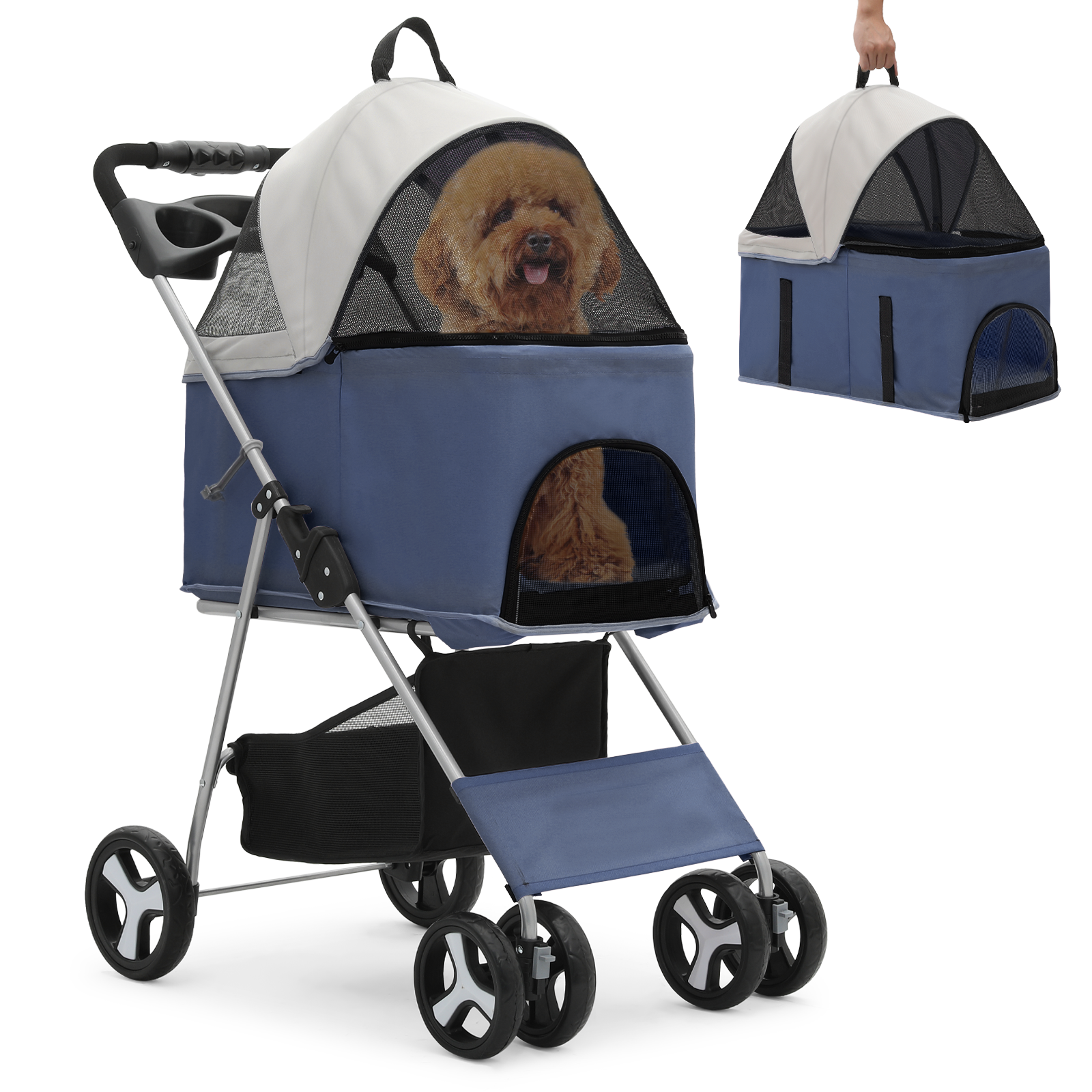 Foldable Dog Stroller Oxford Detachable Basket Carrier Portable Pet Travel Cart