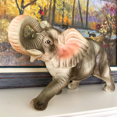 Vintage Bisque Porcelain Elephant Statue Figurine Hand-Painted Japan Mid Century