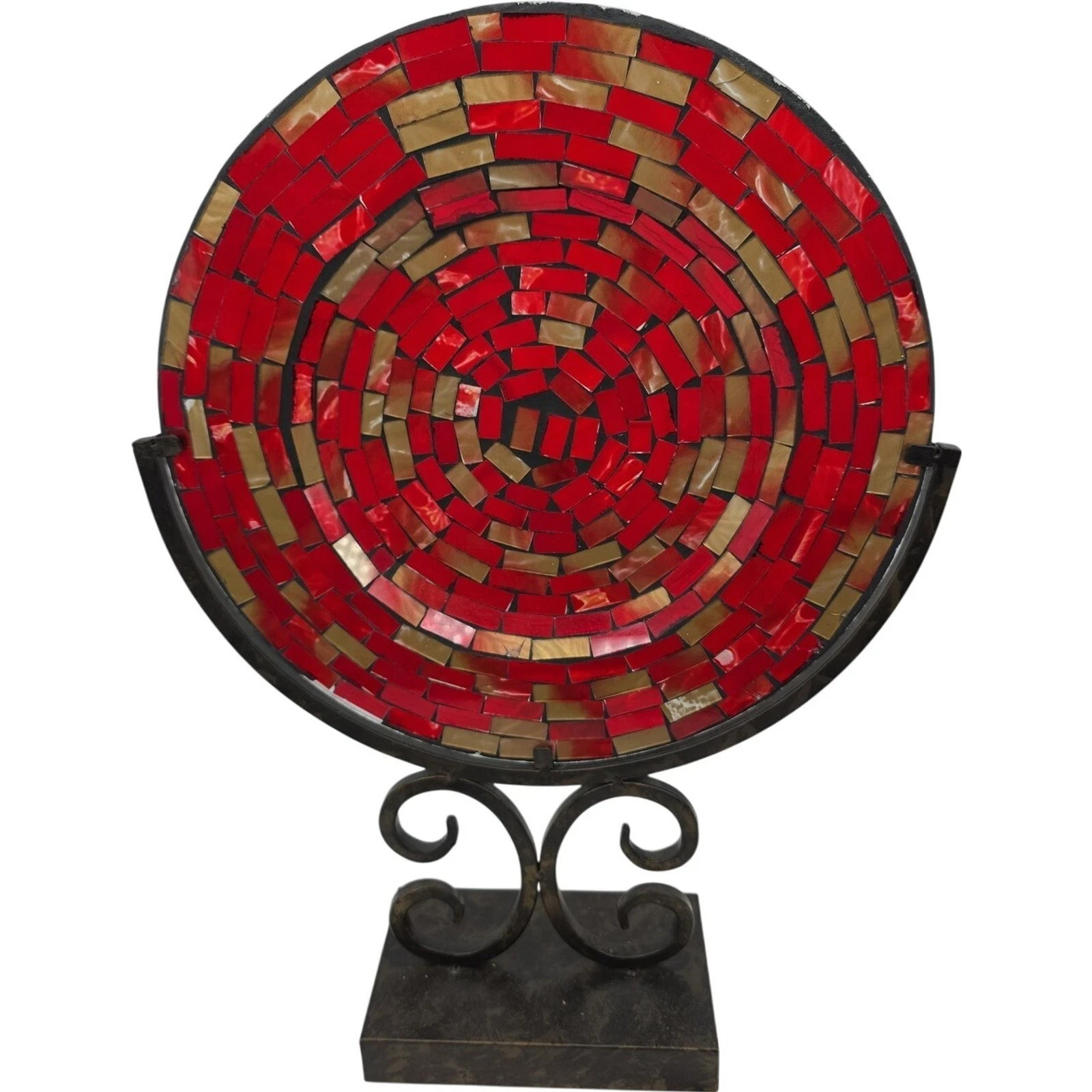Vintage Decorative Glass Red and Gold Mosaic Pattern Plate with Stand