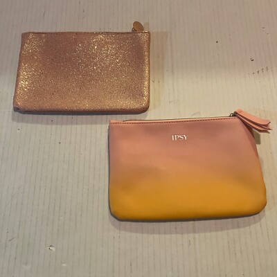 2 Ipsy Makeup Bags Pink Sparkly & Pink Orange Ombré Pouch Travel Mini New