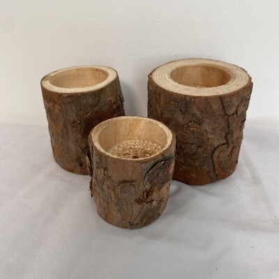 Set Of 3 Real Wood TeaLight Votive Candle Holders With Bark 2-2.75  Rustic Decor