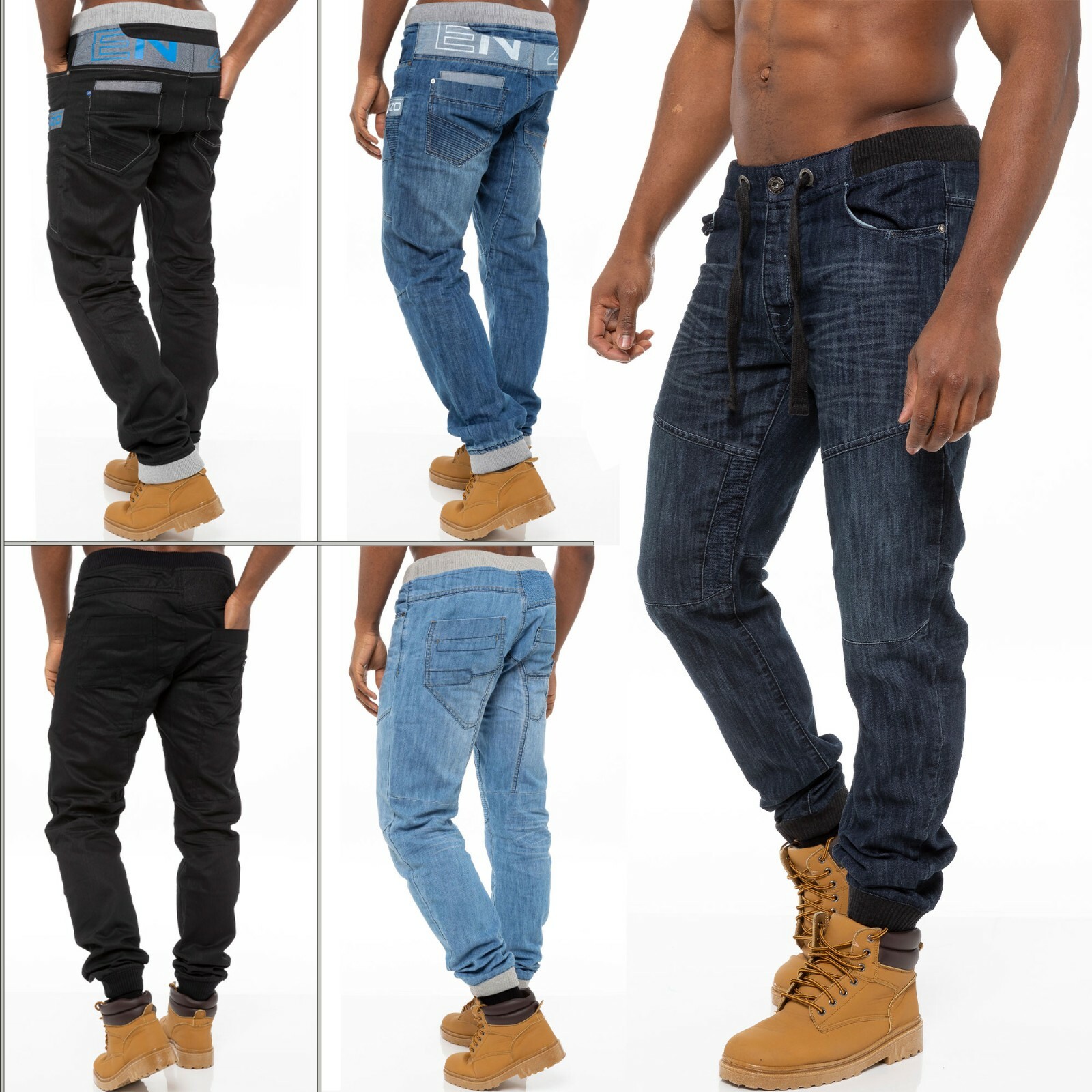 Enzo Mens Cuffed Jeans Regular Fit Jogger Denim Pants