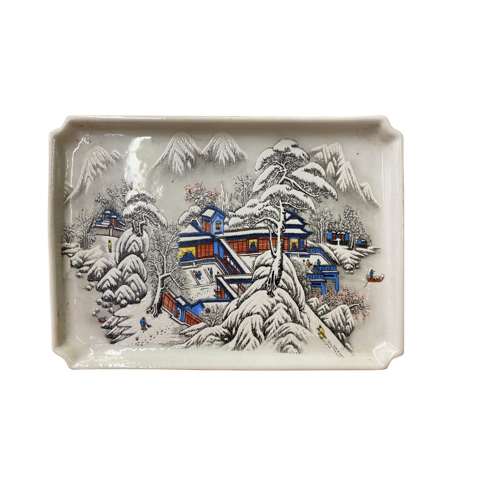 Distressed Off White Porcelain Snow Trees House Rectangular Display Plate ws3198S Distressed Off White Porcelain Snow Trees House Rectangular Display Plate ws3198S